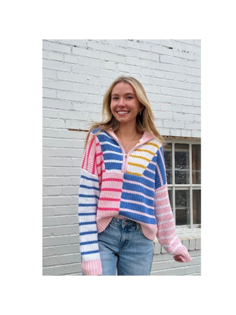 NEW Staud Hampton Stripe Half Zip Cropped Long Sleeve Sweater Pink Size: Small